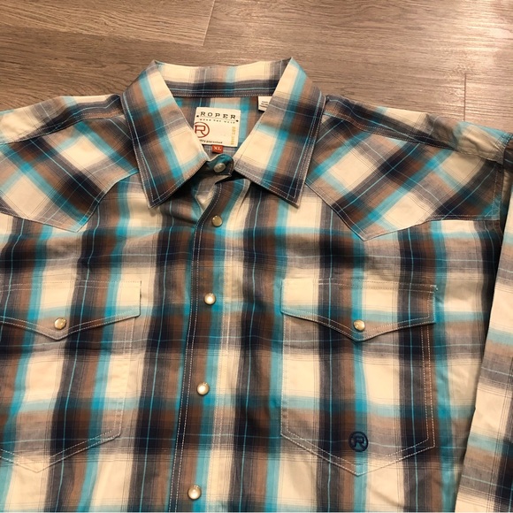 Roper Pearl Snap Long Sleeve Button Down Rodeo Shirt Plaid Blue Brown Mens XL - Picture 3 of 4